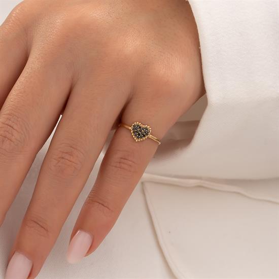 Siyah Taşlı Kalp 14 Ayar Altın Yüzük