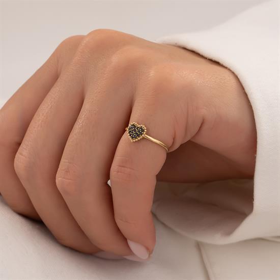 Siyah Taşlı Kalp 14 Ayar Altın Yüzük