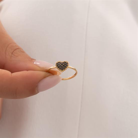 Siyah Taşlı Kalp 14 Ayar Altın Yüzük