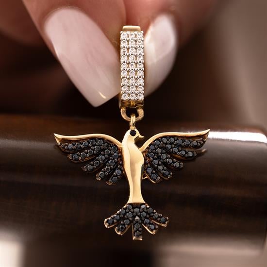 Siyah Taşlı Kuş 14 Ayar Kolye Ucu