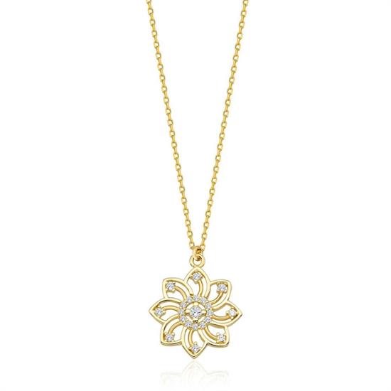 Taş Detaylı 14 Ayar Altın Çiçek Kolye