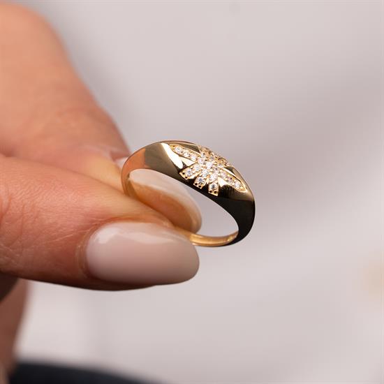 Taş Detaylı Bombeli 14 Ayar Altın Yüzük