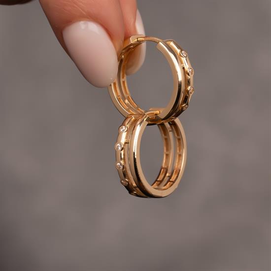 Taş Detaylı Halka 14 Ayar Küpe 2 cm