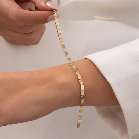 Dikdörtgen Sıra Taşlı 14 Ayar Altın Bileklik