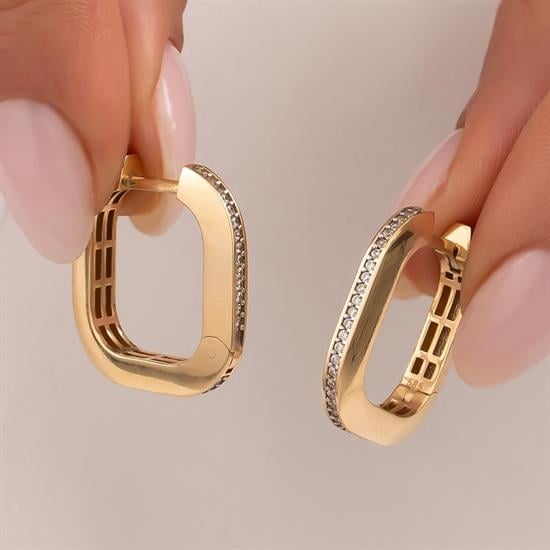 Minimal Kare Taş Detaylı 14 Ayar Altın Küpe