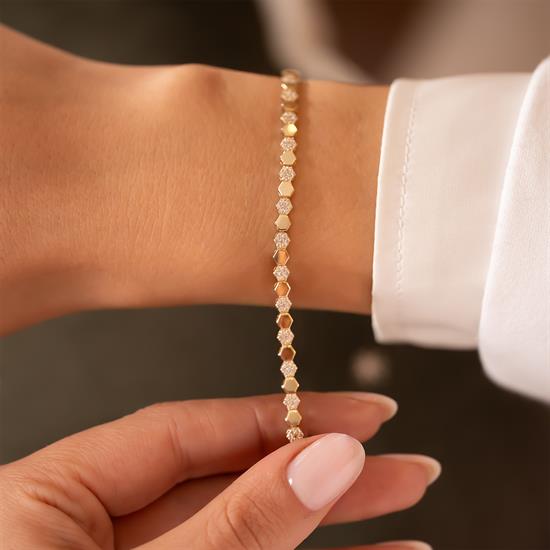 Taşlı Altıgen Model 14 Ayar Altın Bileklik