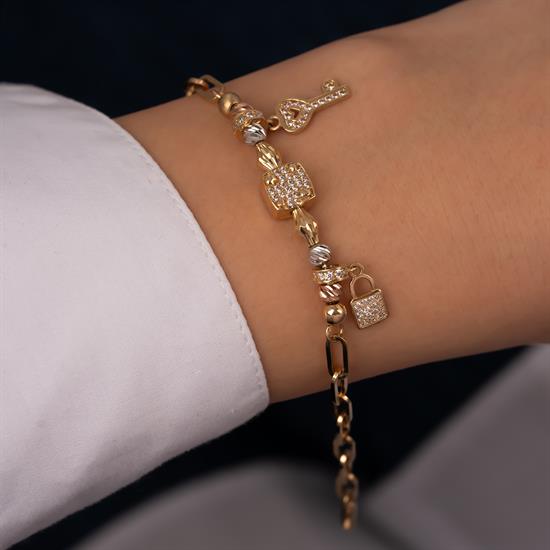 Taşlı Anahtar Kilit Charm 14 Ayar Altın Bileklik