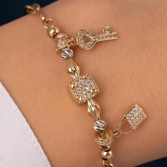 Taşlı Anahtar Kilit Charm 14 Ayar Altın Bileklik