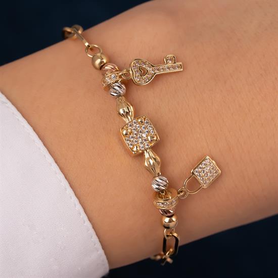 Taşlı Anahtar Kilit Charm 14 Ayar Altın Bileklik