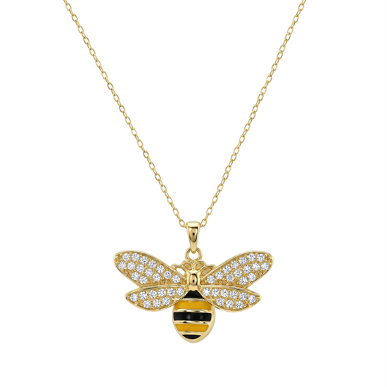 Taşlı Arı Motifli 14 Ayar Altın Kolye