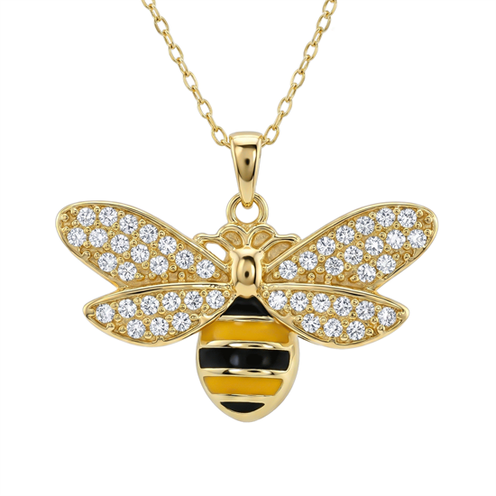 Taşlı Arı Motifli 14 Ayar Altın Kolye