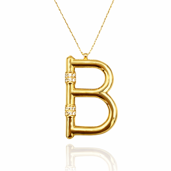 Taşlı B Harfi 14 Ayar Altın Kolye
