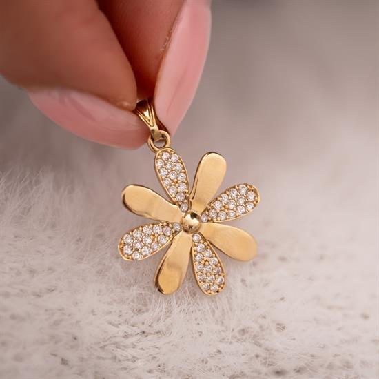 Taşlı Çiçek 14 Ayar Kolye Ucu