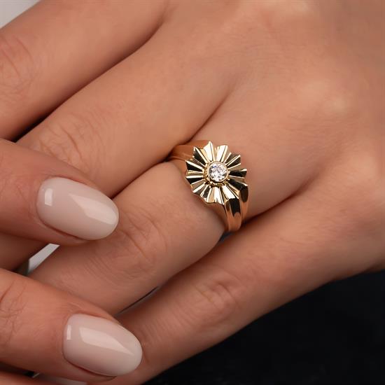Taşlı Çiçek Model 14 Ayar Altın Yüzük