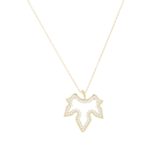 Taşlı Çınar Yaprak 14 Ayar Altın Kolye