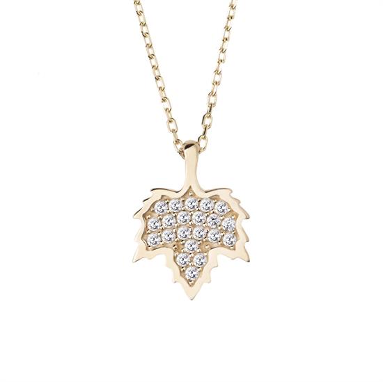 Taşlı Çınar Yaprak Model 14 Ayar Kolye