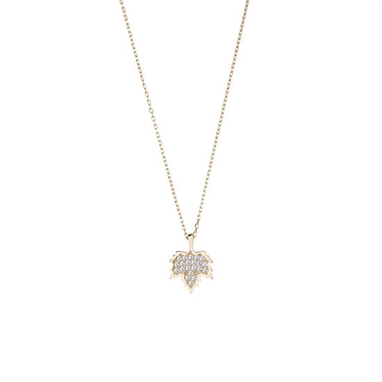 Taşlı Çınar Yaprak Model 14 Ayar Kolye