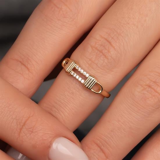 Taşlı Çizgili Model 14 Ayar Altın Yüzük