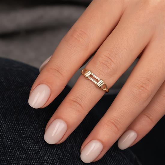 Taşlı Çizgili Model 14 Ayar Altın Yüzük