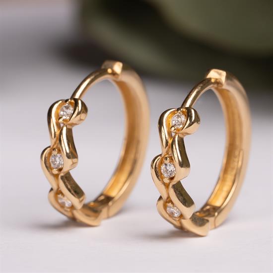 Taşlı Dalga Model Halka Küpe 14 Ayar Altın