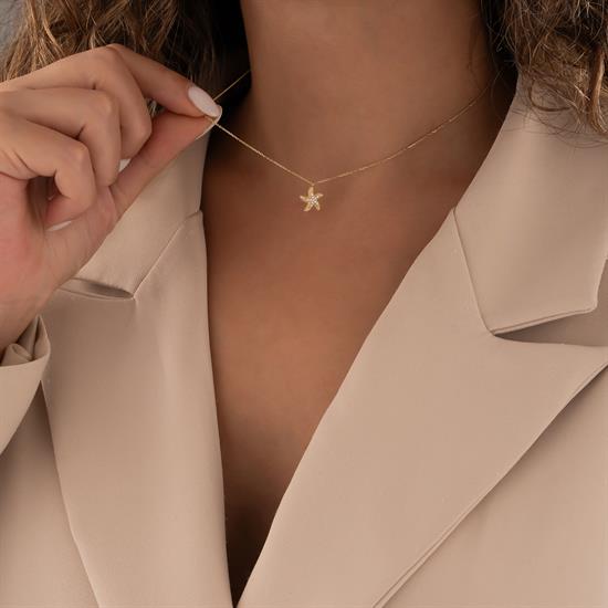 Taşlı Deniz Yıldızı 14 Ayar Altın Kolye