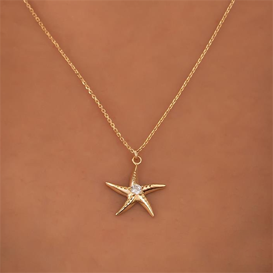 Taşlı Deniz Yıldızı 14 Ayar Altın Kolye