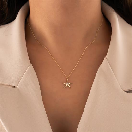 Taşlı Deniz Yıldızı 14 Ayar Altın Kolye