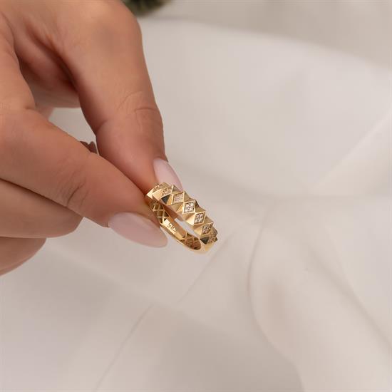 Taşlı Geometrik Model 14 Ayar Altın Yüzük