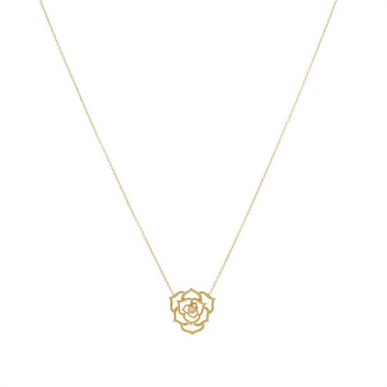 Taşlı Gül Figürlü Kolye 14 Ayar Altın