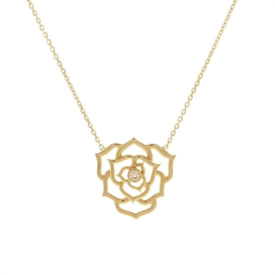 Taşlı Gül Figürlü Kolye 14 Ayar Altın