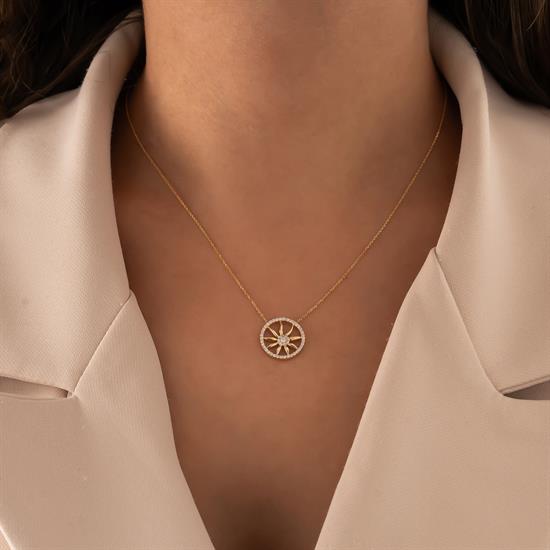 Taşlı Güneş 14 Ayar Altın Kolye