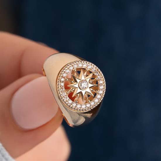 Taşlı Güneş Motifli 14 Ayar Altın Yüzük