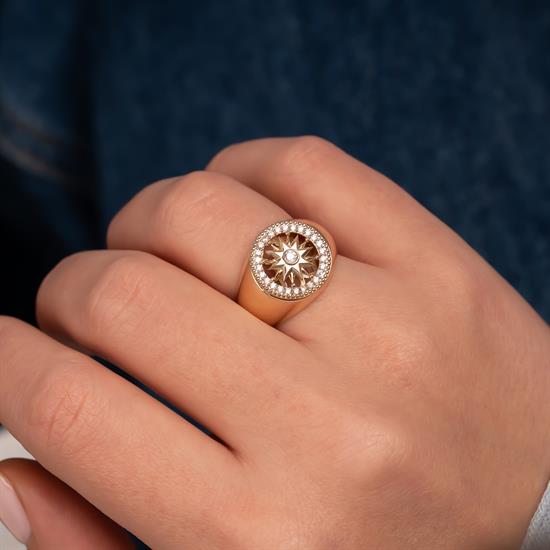 Taşlı Güneş Motifli 14 Ayar Altın Yüzük