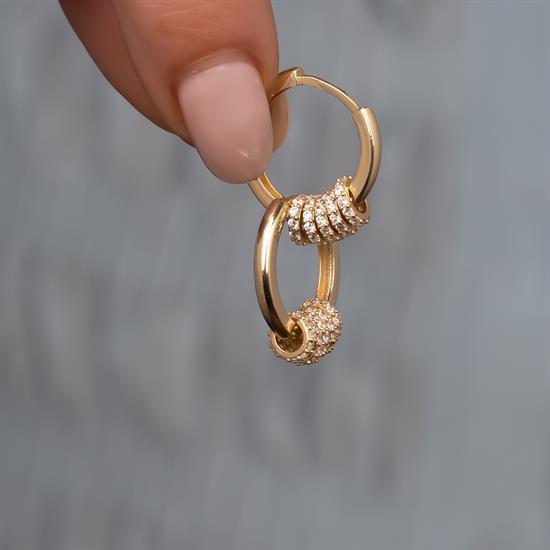 Taşlı Halka Detaylı Halka Küpe 14 Ayar Altın