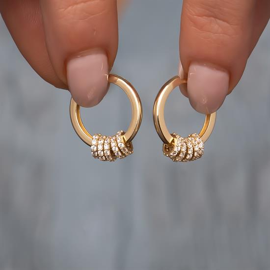 Taşlı Halka Detaylı Halka Küpe 14 Ayar Altın