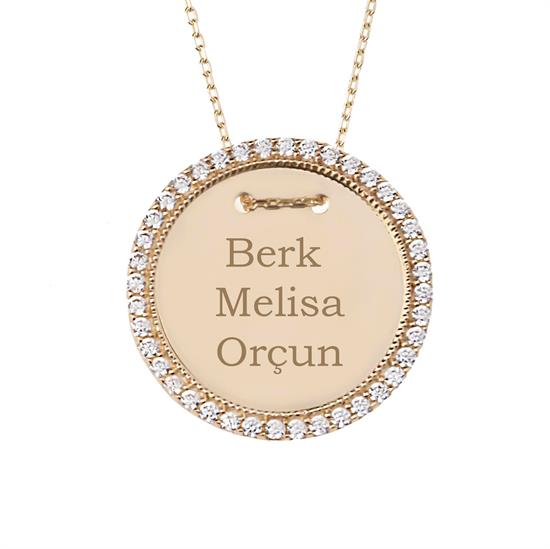 Taşlı İsim Yazılabilir Plaka 14 Ayar Kolye 2 Cm