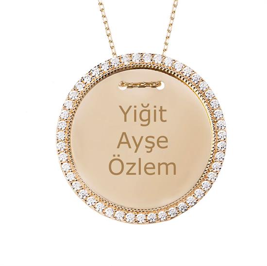 Taşlı İsim Yazılabilir Plaka 14 Ayar Kolye 2.4 Cm