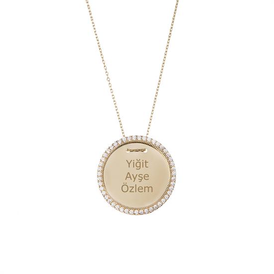 Taşlı İsim Yazılabilir Plaka 14 Ayar Kolye 2.4 Cm