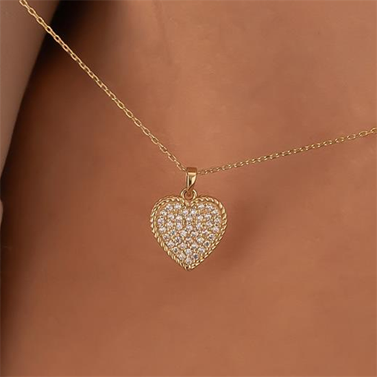 Taşlı Kalp Kolye 14 Ayar Altın