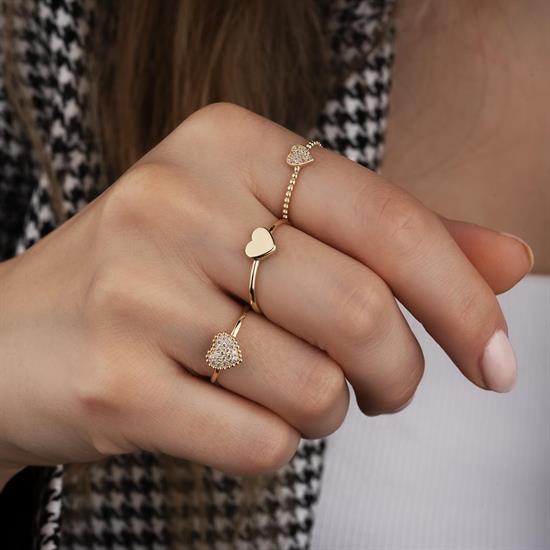 Taşlı Kalpli 14 Ayar Altın Yüzük