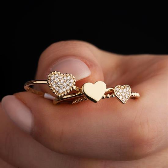 Taşlı Kalpli 14 Ayar Altın Yüzük