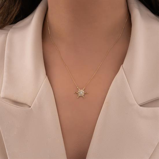 Taşlı Kar Tanesi 14 Ayar Altın Kolye