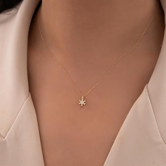 Taşlı Kar Tanesi Altın Kolye 14 Ayar