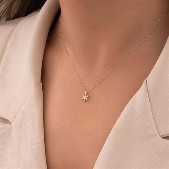 Taşlı Kar Tanesi Altın Kolye 14 Ayar