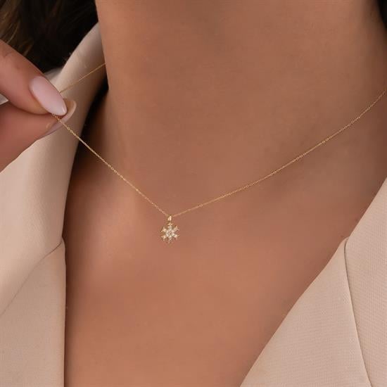 Taşlı Kar Tanesi Altın Kolye 14 Ayar