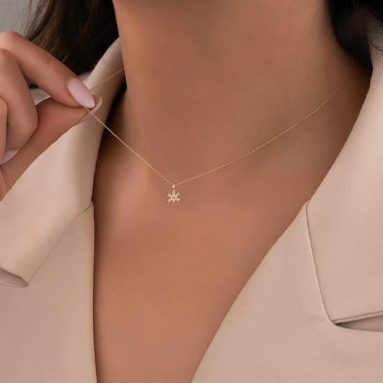 Taşlı Kar Tanesi Altın Kolye 14 Ayar