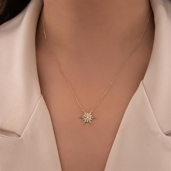 Taşlı Kar Tanesi 14 Ayar Altın Kolye