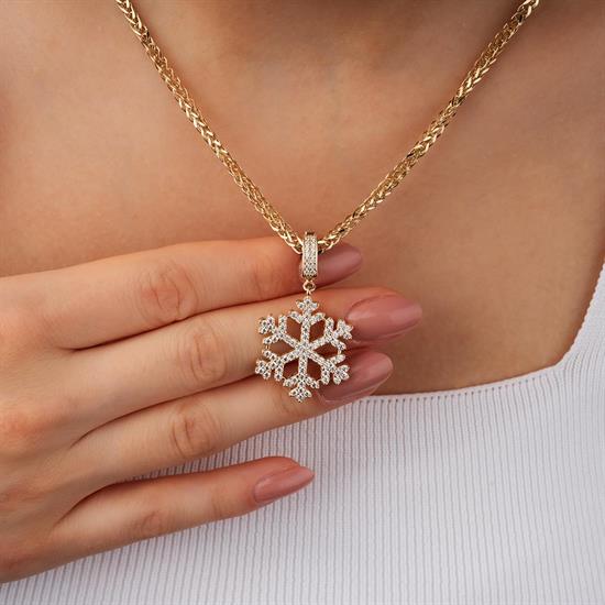 Taşlı Kar Tanesi Klipsli 14 Ayar Kolye Ucu 3,5 Cm