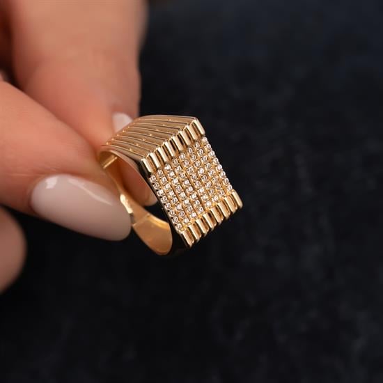 Taşlı Kare Model 14 Ayar Altın Yüzük