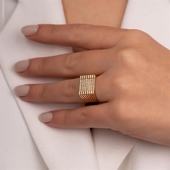 Taşlı Kare Model 14 Ayar Altın Yüzük